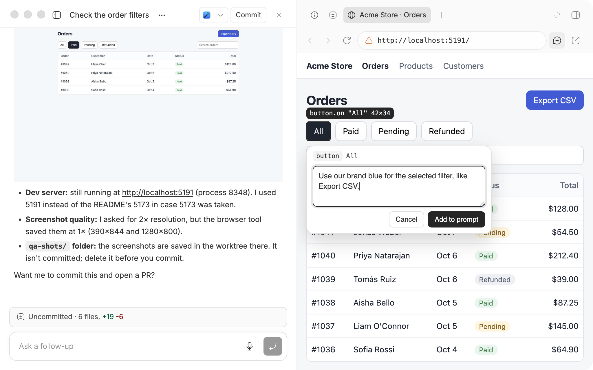 A Browser tab in bb with the All filter selected for annotation, and the note: Use our brand blue for the selected filter, like Export CSV