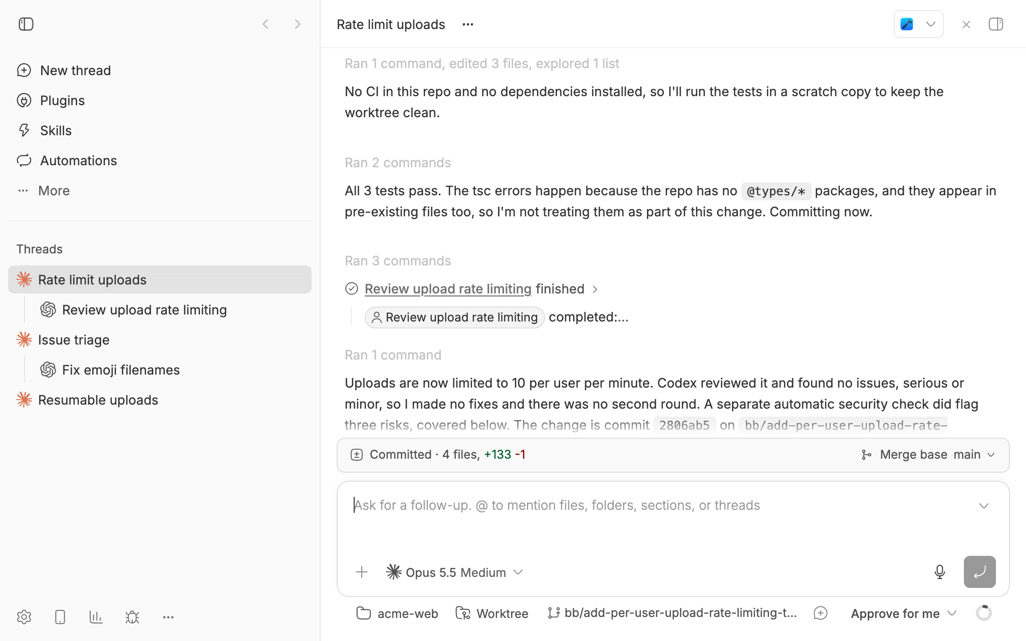 bb with the Claude Code thread Rate limit uploads open. Its tests pass, it commits, the Codex review finishes, and it reports what Codex found. In the sidebar, the Codex thread Review upload rate limiting is nested under it.