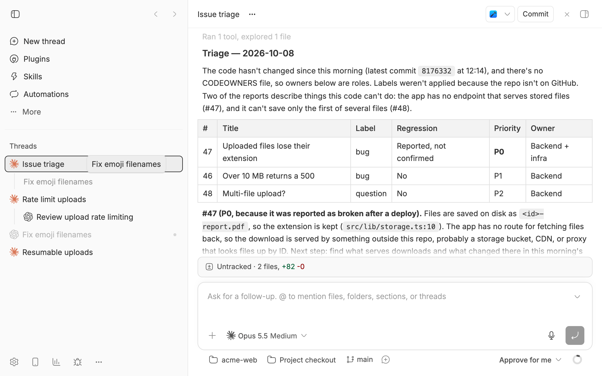 The Fix emoji filenames thread being dragged onto Issue triage in the bb sidebar, with Issue triage outlined as the drop target. The Issue triage thread is open on its report for three new issues: one P0, one P1, and one P2, each with an owner.