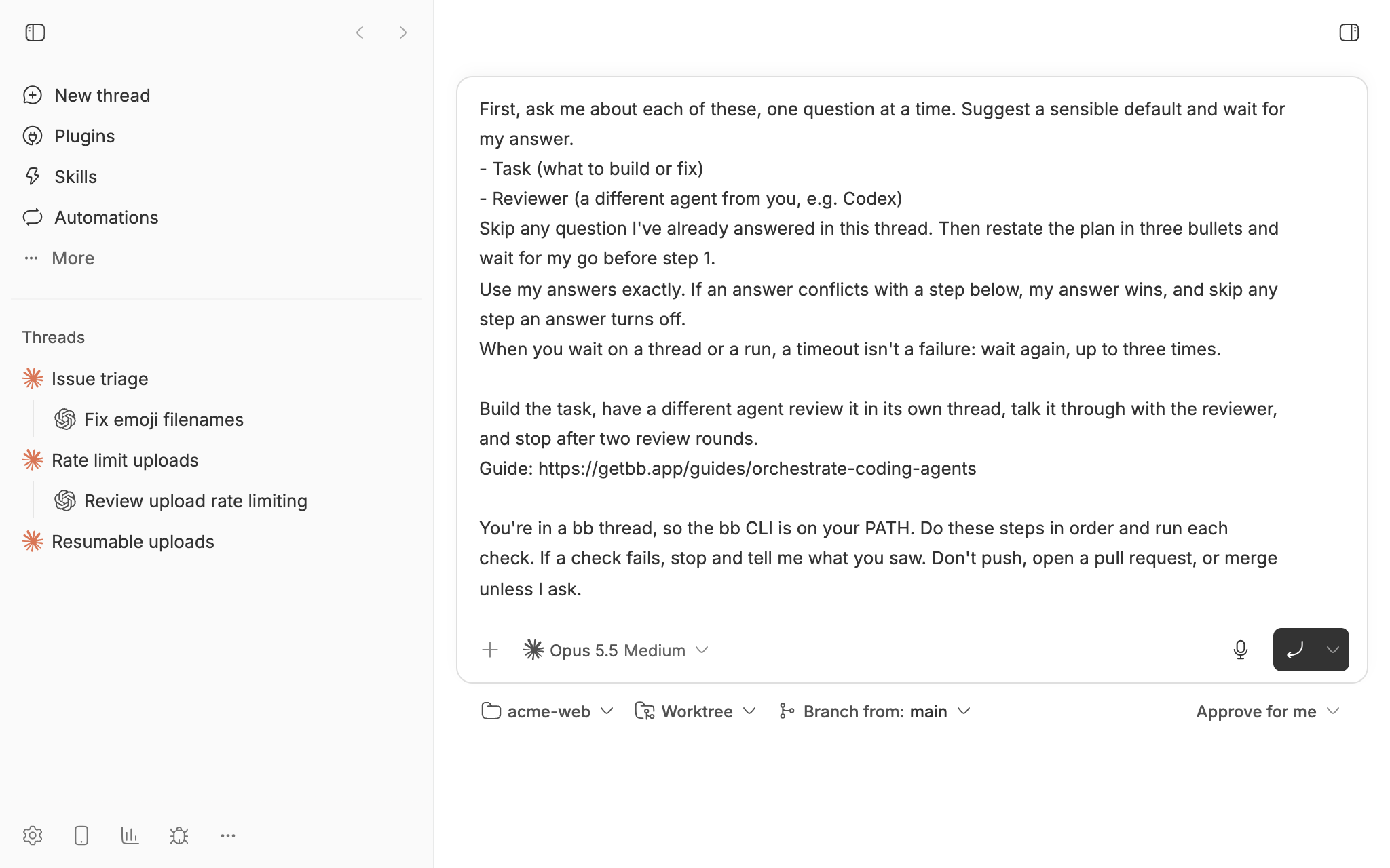 A new bb thread with Opus 5.5, acme-web, and Worktree picked. The guide's prompt is pasted, starting with the questions the agent asks: your task and reviewer.