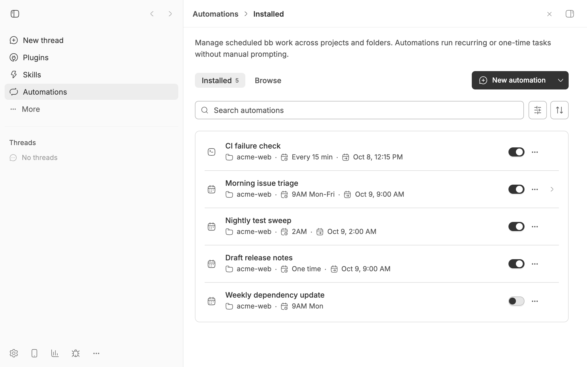 The Automations page in bb, listing five automations with their project, schedule, next run, and an on/off switch