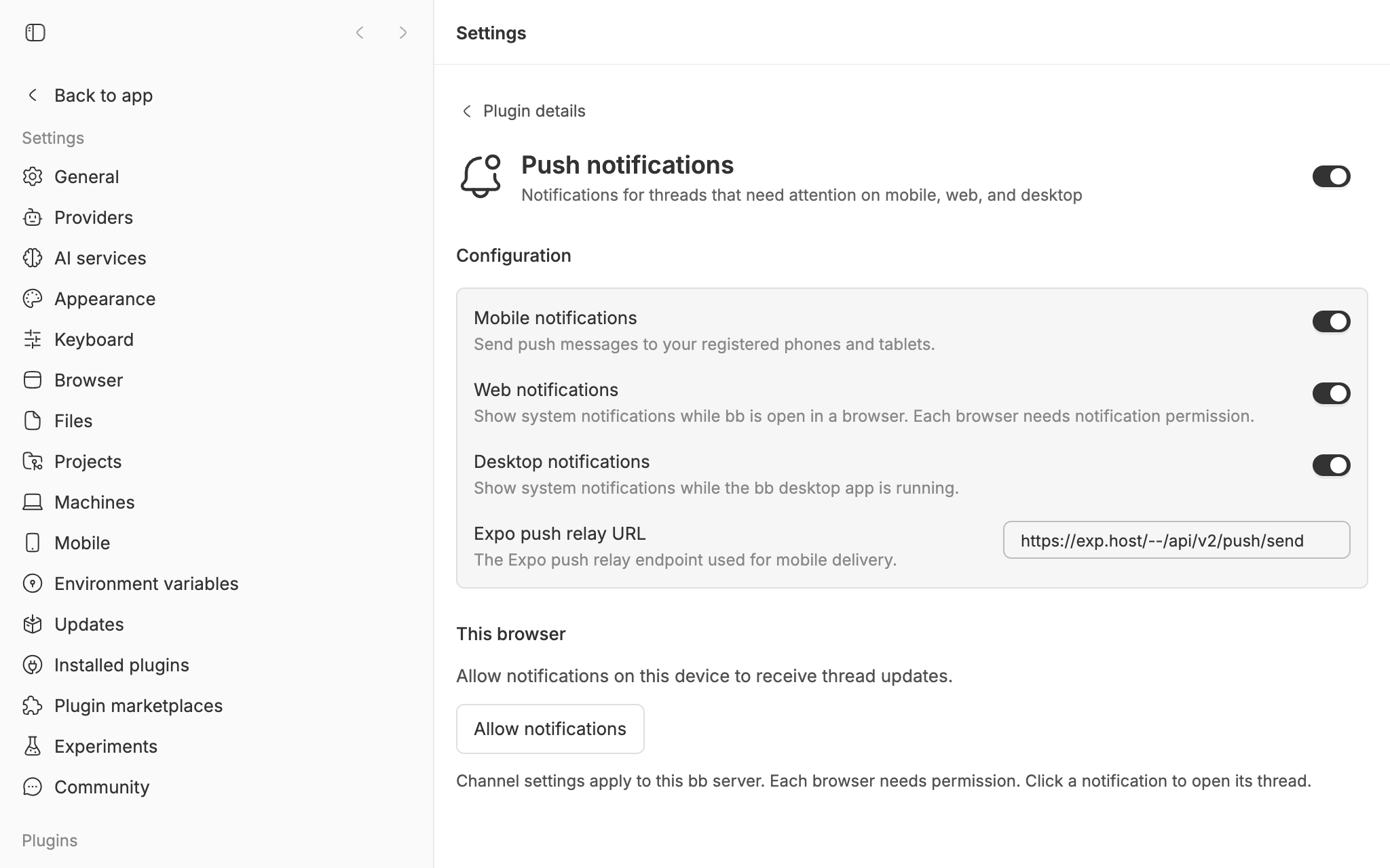 bb's Push notifications settings, with mobile, web, and desktop notifications on and an Allow notifications button