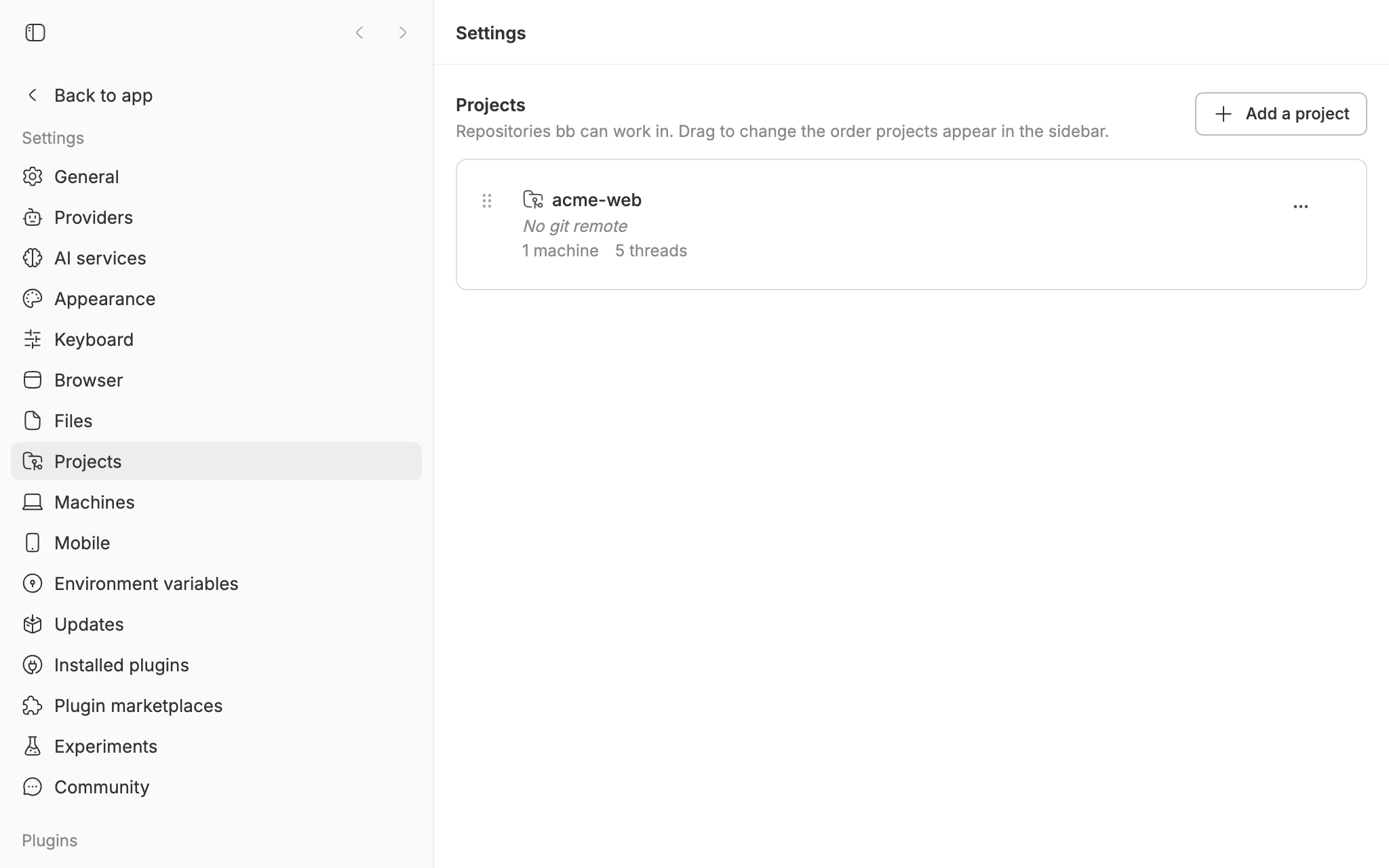 bb's Settings → Projects page listing the acme-web project, with an Add a project button
