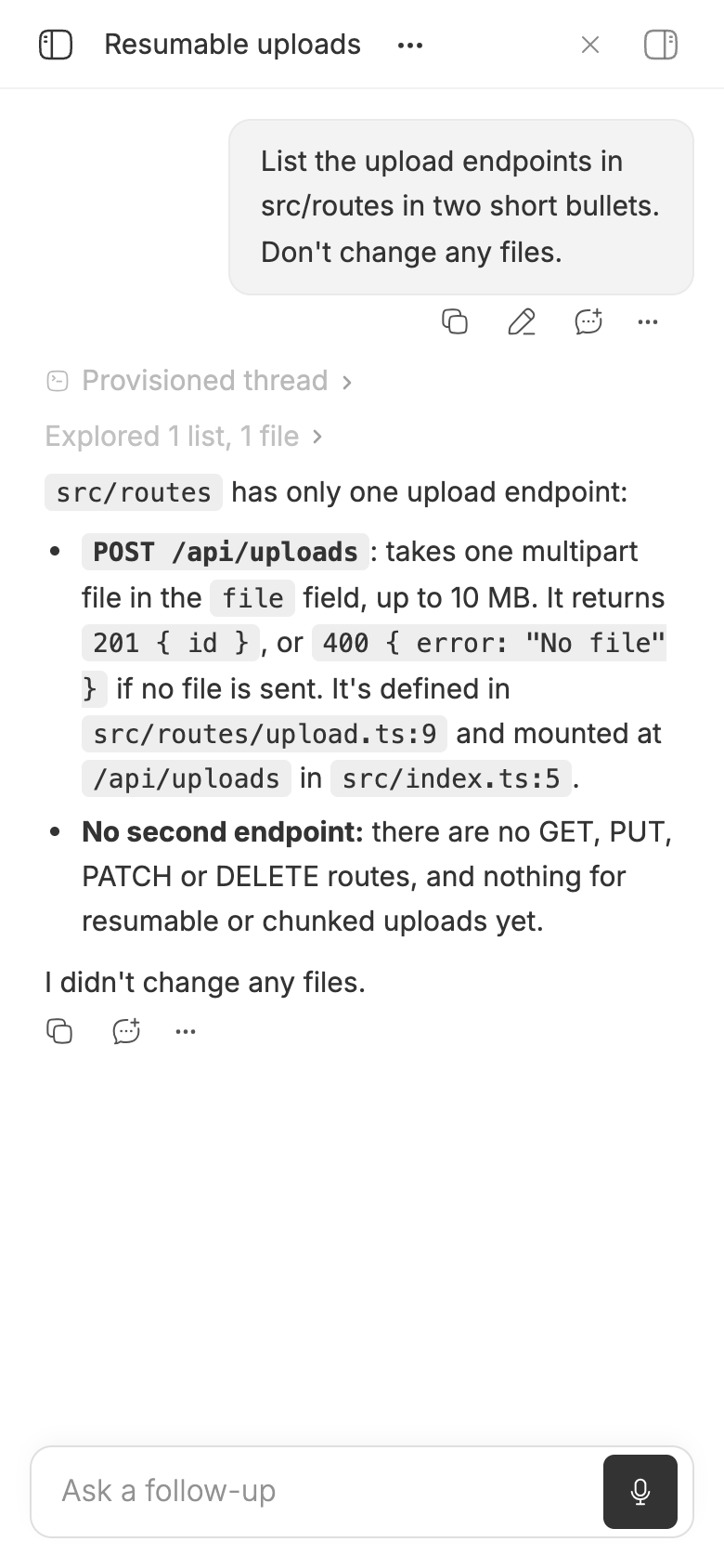 The bb app on a phone, showing an agent's reply in a thread and an Ask a follow-up box